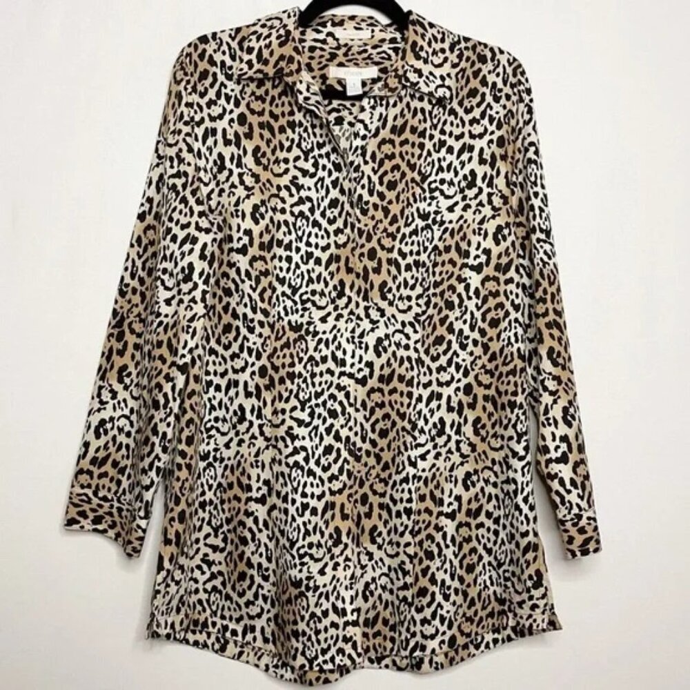 Chico's No-Iron Leopard Print Button Down Boho Career Shirt Size 0.5 / US size 6